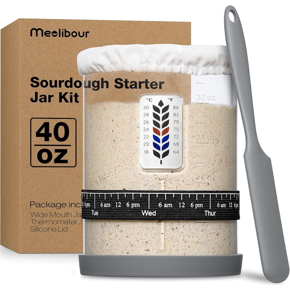 Premium Pro Sourdough Starter Jar Kit - 40oz Lar Wide Mouth Bread with Marked Feeding Band, Thermometer, Scraper, Cloth Cover and Silicone Lid/Base, Glass Container, Baking Supplies