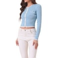 thumbnail image 4 of INSPIRE CHIC Contrast Ribbed Knit Shirt for Women's Round Neck Button Decor Crop Sweater Tops, 4 of 6
