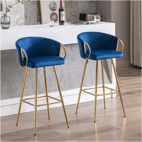 JERFIT 2-Pack Blue Velvet Bar Stools with Chrome Footrest and Gold Legs for Kitchen Island Counter