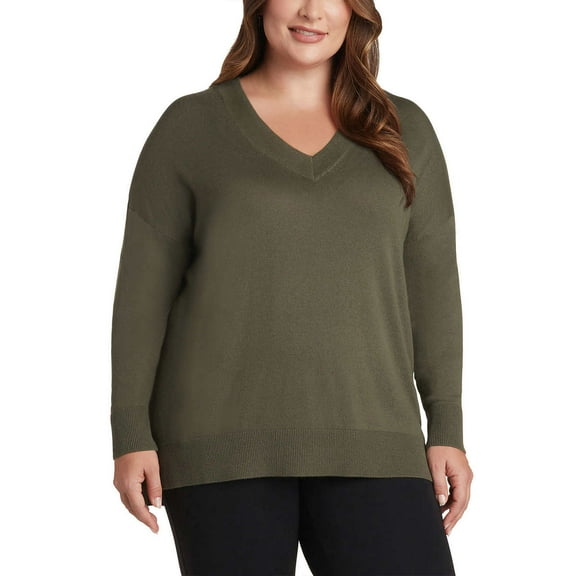 Matty M Women's Lightweight Knit V-Neck Tunic Length Sweater-Green / 2X