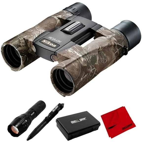 Nikon 16641 ACULON A30 10X25 TrueTimber KANATI Binoculars Bundle with Deco Gear Tactical Flashlight and Tactical Pen Set with Water/Shockproof Case and 6 x 6 inch Microfiber Cleaning Cloth