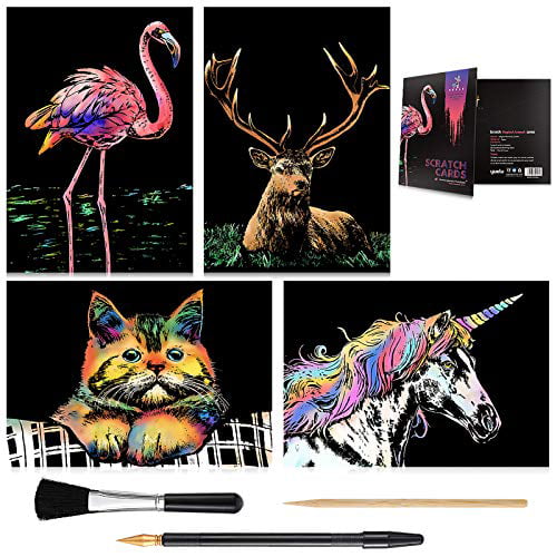Beast Series Clean Brush A4 Scratch Art Set: 4 Sheets Scratch Cards & Scratch Drawing Pen Wbeng Scratch & Sketch Art for Kids & Adults Art & Craft Rainbow Painting Night View Scratchboard 