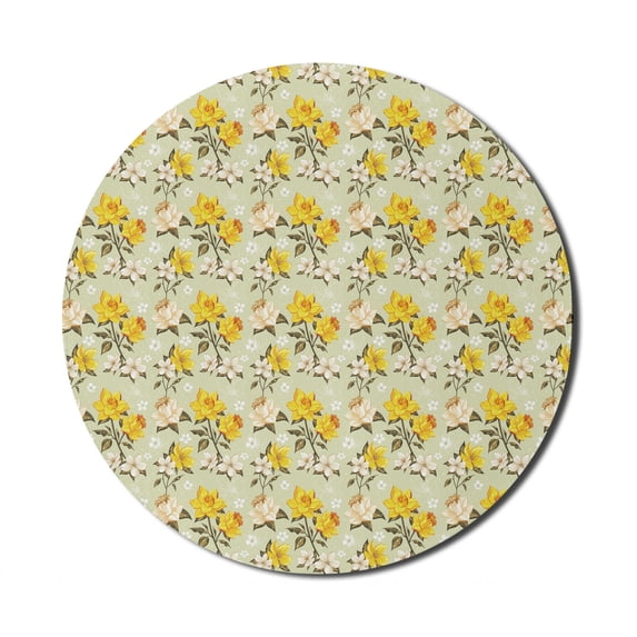 Vintage Mouse Pad for Computers, Narcissus Blossoms Little Wildflowers Green Leaves Classical, Round Non-Slip Thick Rubber Modern Gaming Mousepad, 8" Round, Yellow Cream Pale Green, by Ambesonne