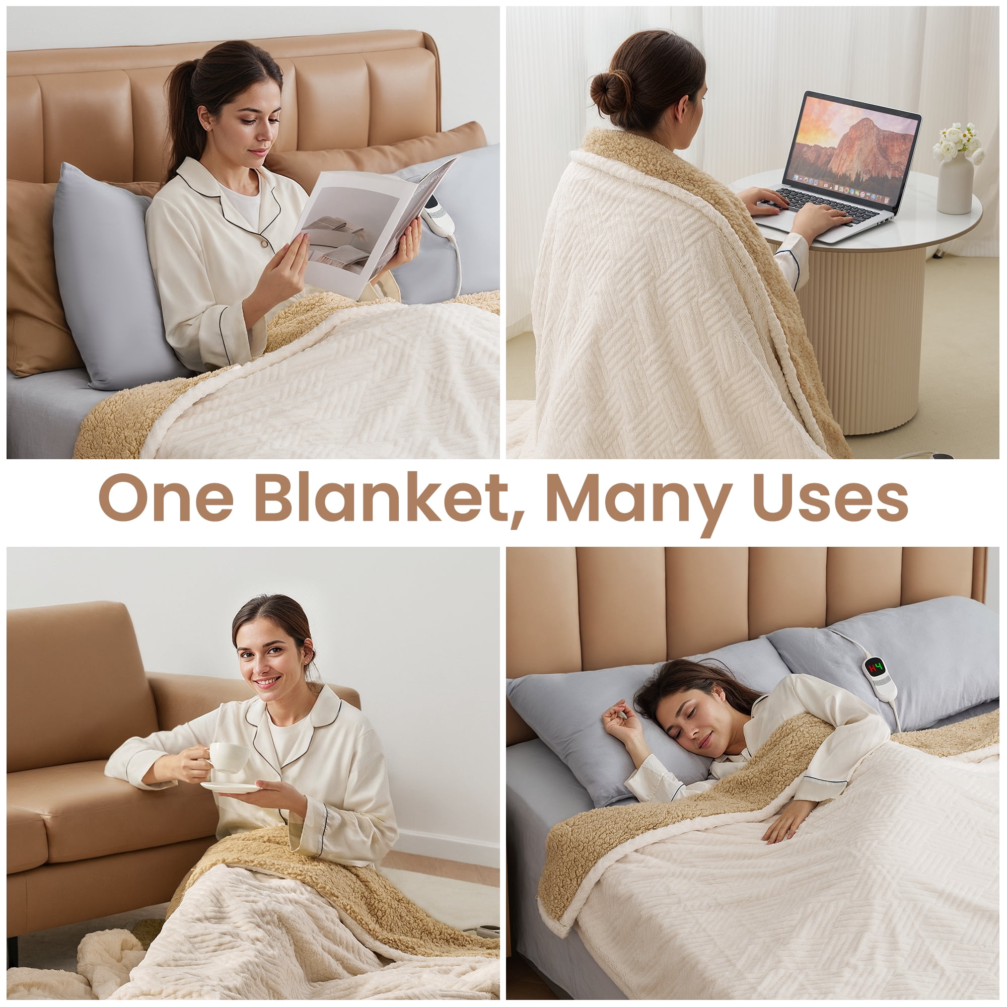 MARNUR Heated Blanket Extra Large Electric Throw 50"×72", Jacquard Faux Fur & Sherpa Heated Throw Blanket with 10 Heat Levels, 4H Timer, Machine Washable, White