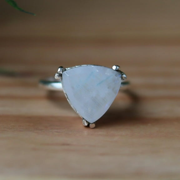 Moonstone Ring, 925 Silver Ring, Statement Ring, Prong Setting Ring, Cocktail Ring, Trillion Cut Gemstone, Bohemian Ring, Minimalist Ring,