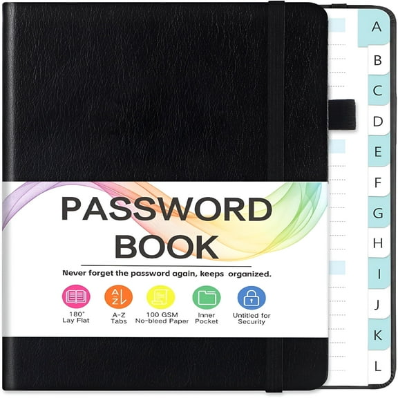 LAMIRO Password Book with Alphabetical Tabs,Large Password Keeper Book with Color Pages,Password Notebook Organizer for Website Logins,Gifts for Home and Work,7" X 10",Black