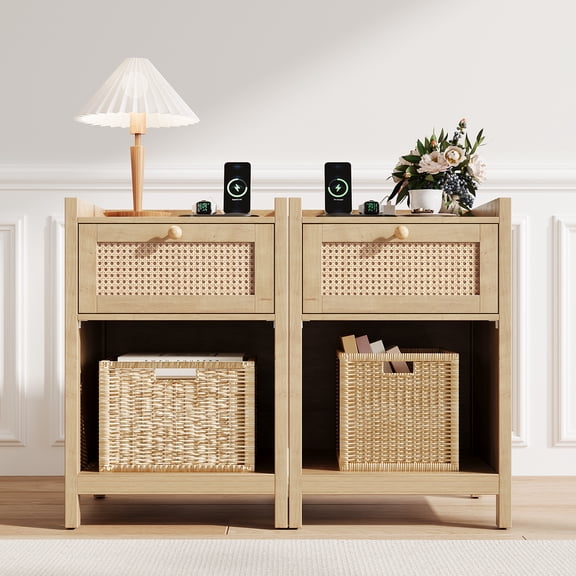 Duerer End Tables Set of 2 with Charging Station, Rattan Nightstand Bedside Table with Drawer for Bedroom, Side Tables for Living Room, Natural Oak