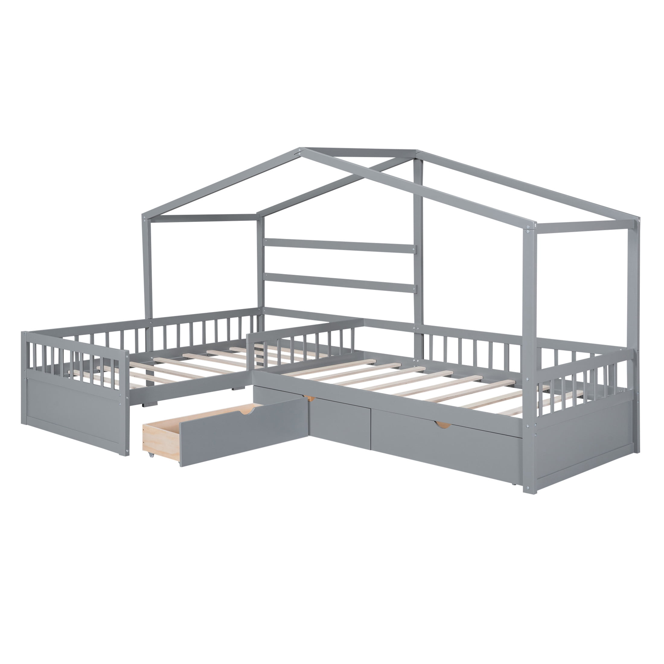 Noble House Yorke Twin Size House Platform Bed with 3 Storage Drawers, L-Shaped Solid Wood Frame, Gray