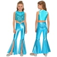 thumbnail image 5 of YiZYiF Girls 2Pcs Metallic Gloss Disco Dance Outfit Sequins Fringed Top with Split Bell Bottom Pants Dancewear Blue 12, 5 of 7