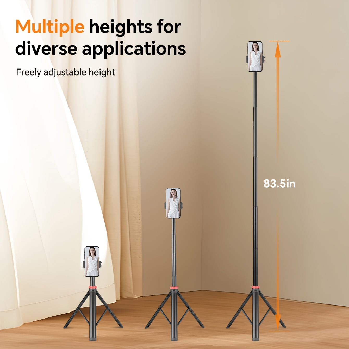 Enhanced 83.5" Mobile Phone Tripod with Remote, Adjustable Height, Sturdy Travel Base & Premium Mount for iPhone 17/15/14, Android, Camera