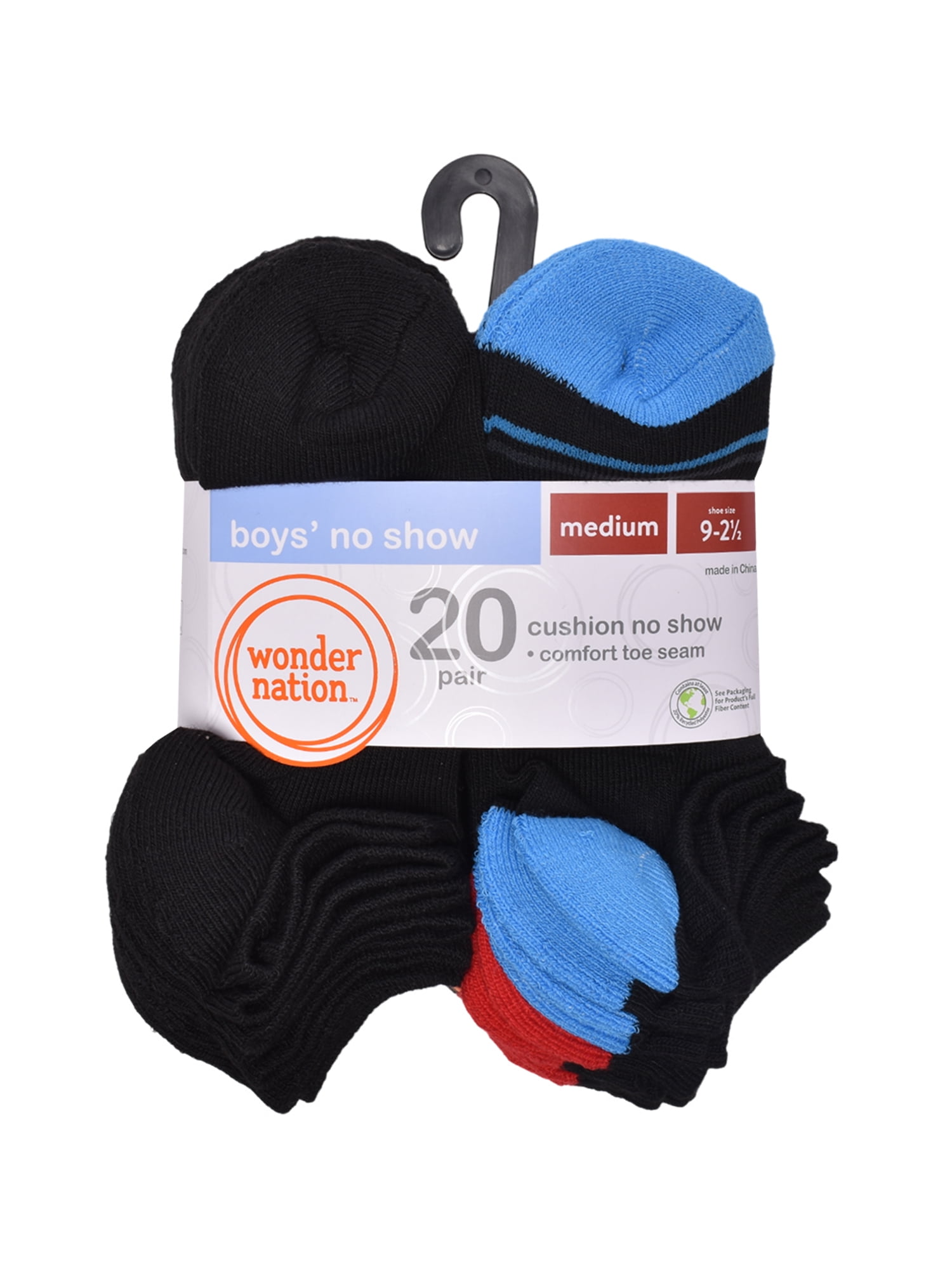 Wonder Nation Boys No Show Socks, 20-Pack, Sizes S (6-10.5) - L (4-10)