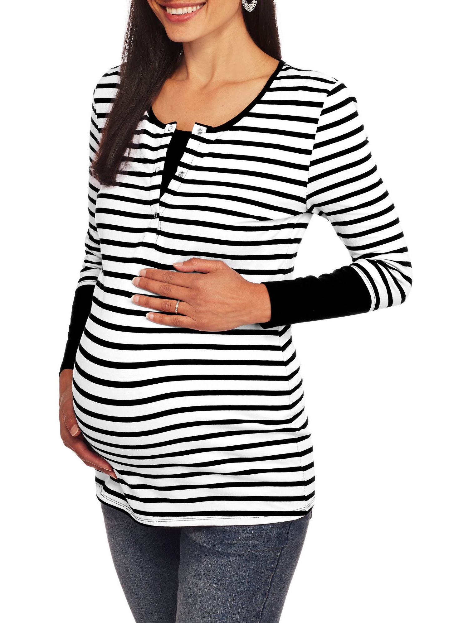 Maternity Long Sleeve Striped Henley 2ferHidden Nursing Feature
