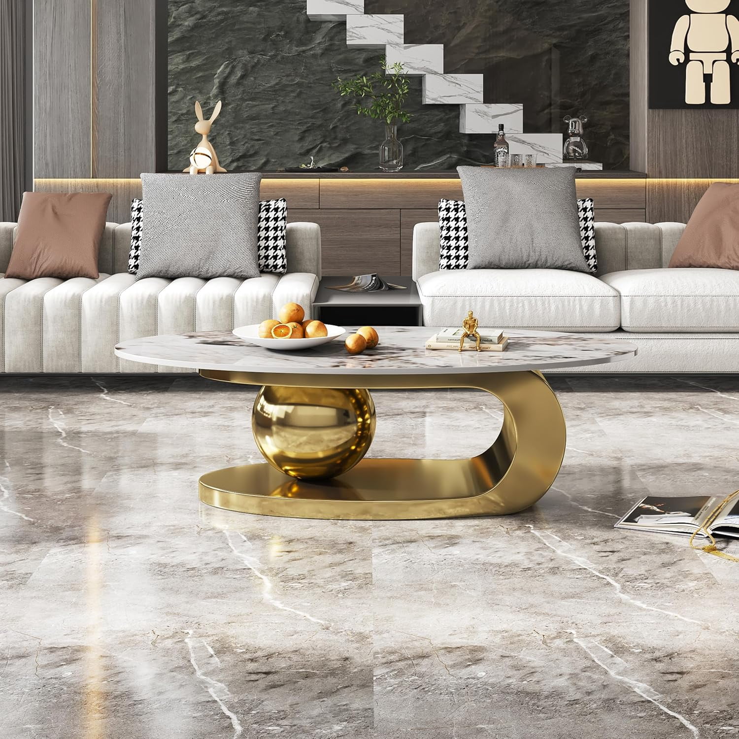Tabaray Modern Oval Coffee Table Luxury Sintered Stone Top Coffee Table with Sculptural Geometric Stainless Steel Base,Mid-Century Marble Grain Center Table for Living Room,Gold