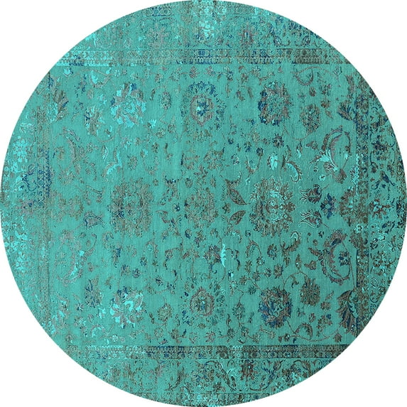 Ahgly Company Machine Washable Indoor Round Oriental Turquoise Blue Industrial Area Rugs, 4' Round