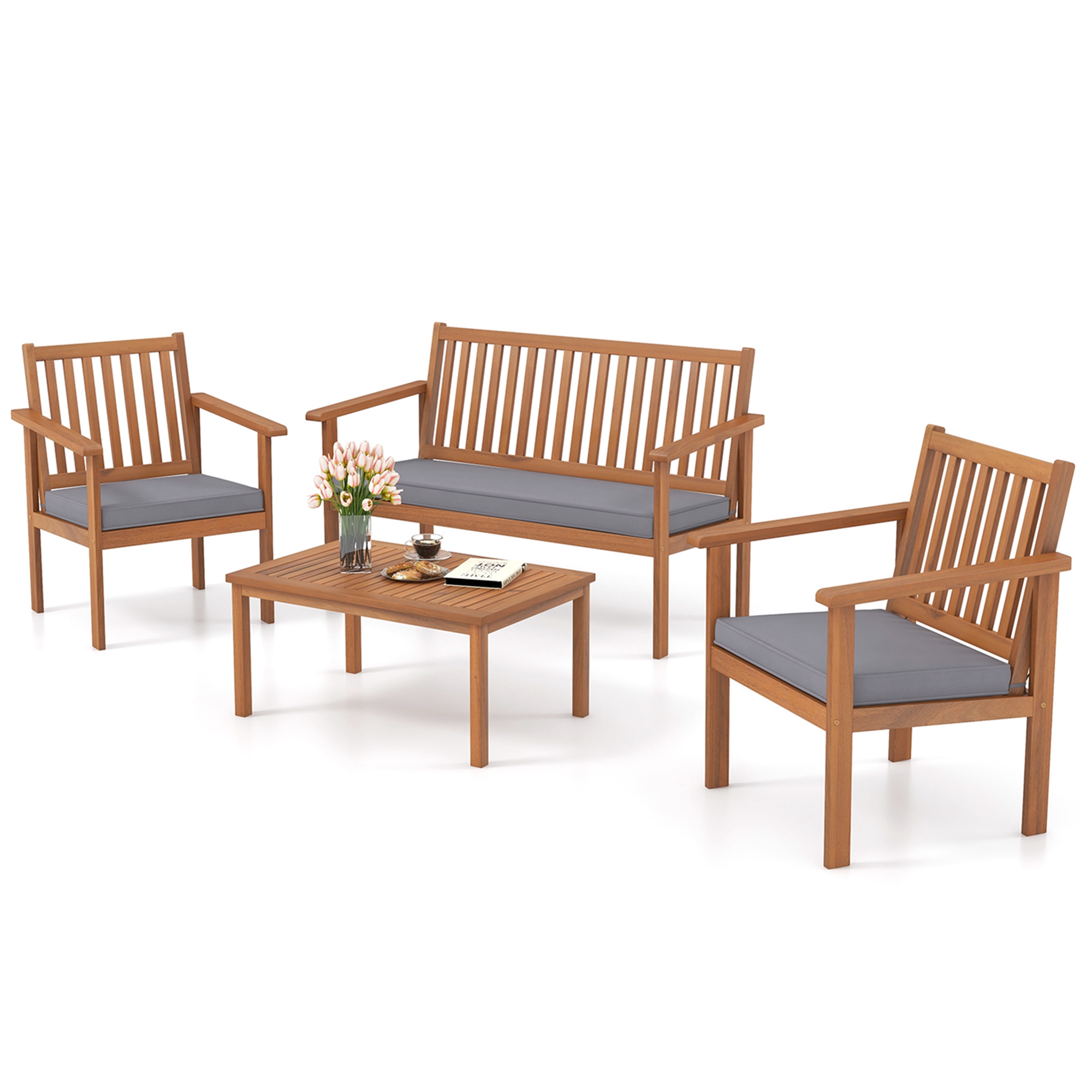 Costway 4 PCS Patio Wood Furniture Set with Loveseat, 2 Chairs & Coffee Table for Porch Grey - image 2 of 10