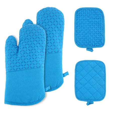 

Pot lid and oven gloves with silicone gloves 2 gloves and 2 pot holder sets for cooking baking grilling and grilling Blue