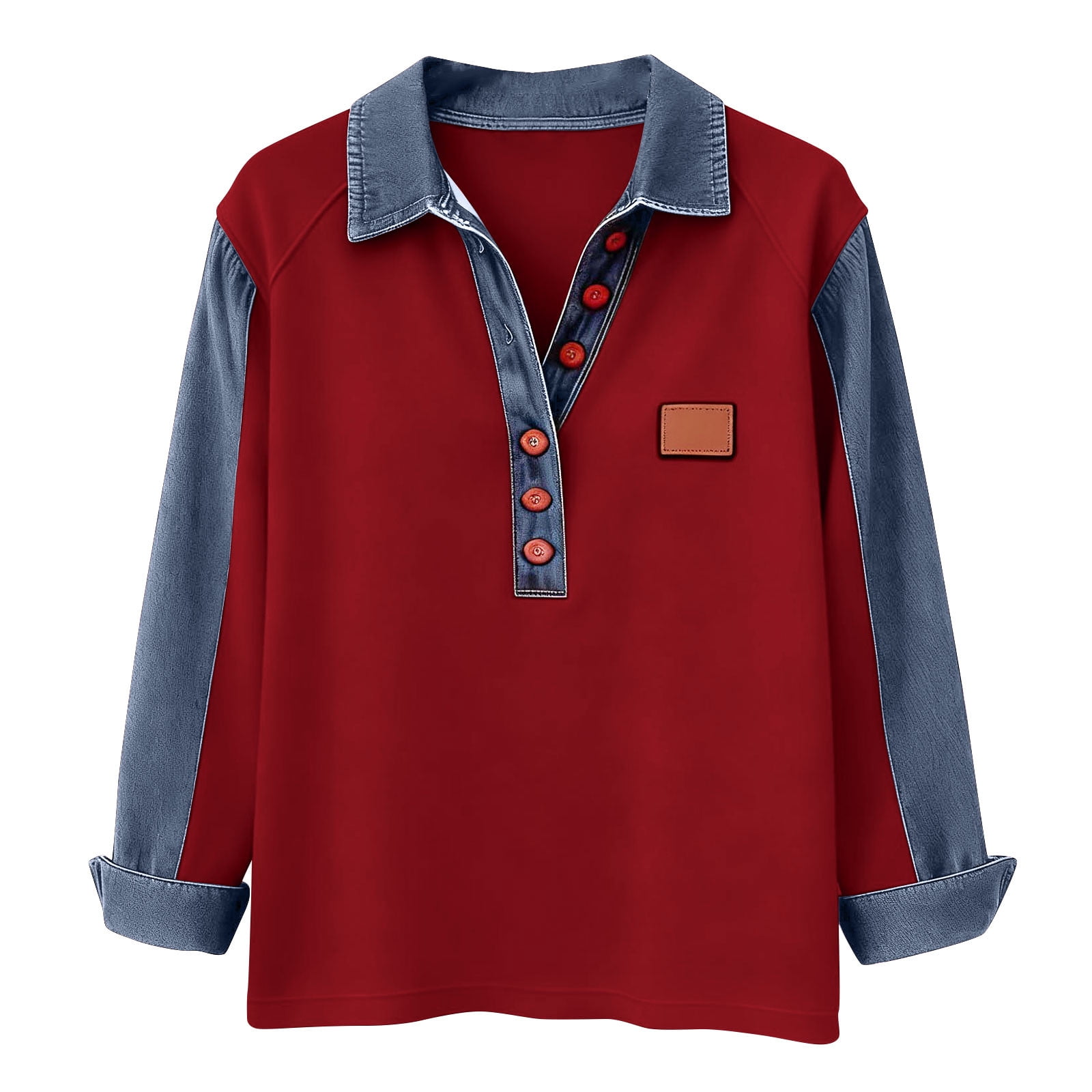 Denim Sweater for Women Collar Button up Patchwork Pullover Tops Vintage Knit Jean Casual Wear Blouses