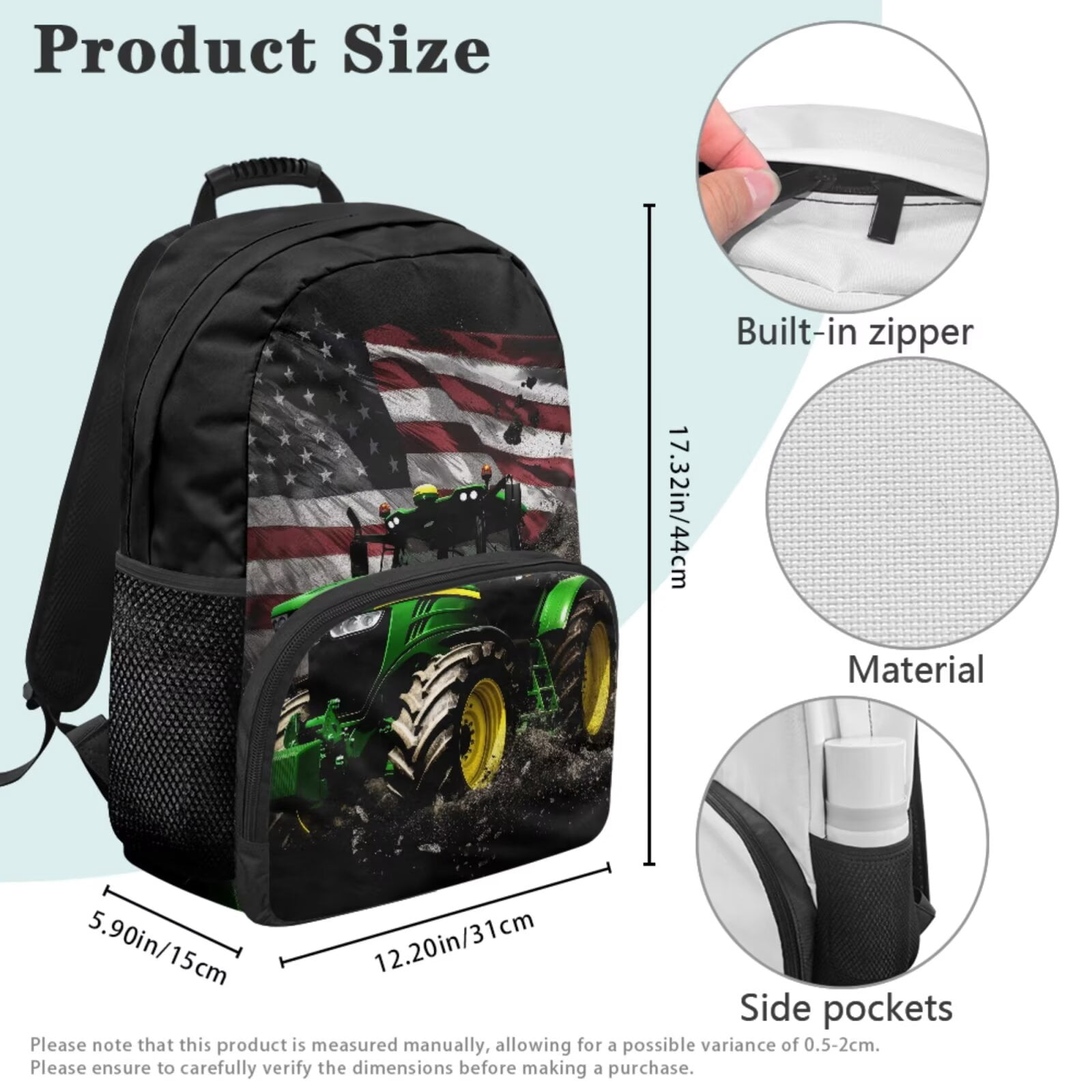 XYZCANDO Tractor 5 Piece Kids Backpack Set with Lunch Box Pencil Case 2 Pcs Bookmark Large Capacity Flag Bookbag for Kids Teens Toddler
