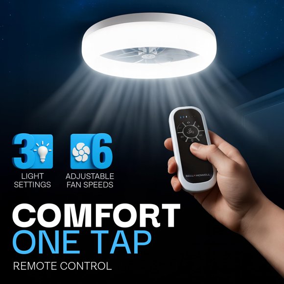 E Mishan & Sons CanonX 14 Pouces Profil Bas Ventilateur de Plafond avec Lumière LED, 6 Vitesses, 3 Modes d'Éclairage 3500K-5500K, Noir avec Lames Transparentes, Télécommande Incluse