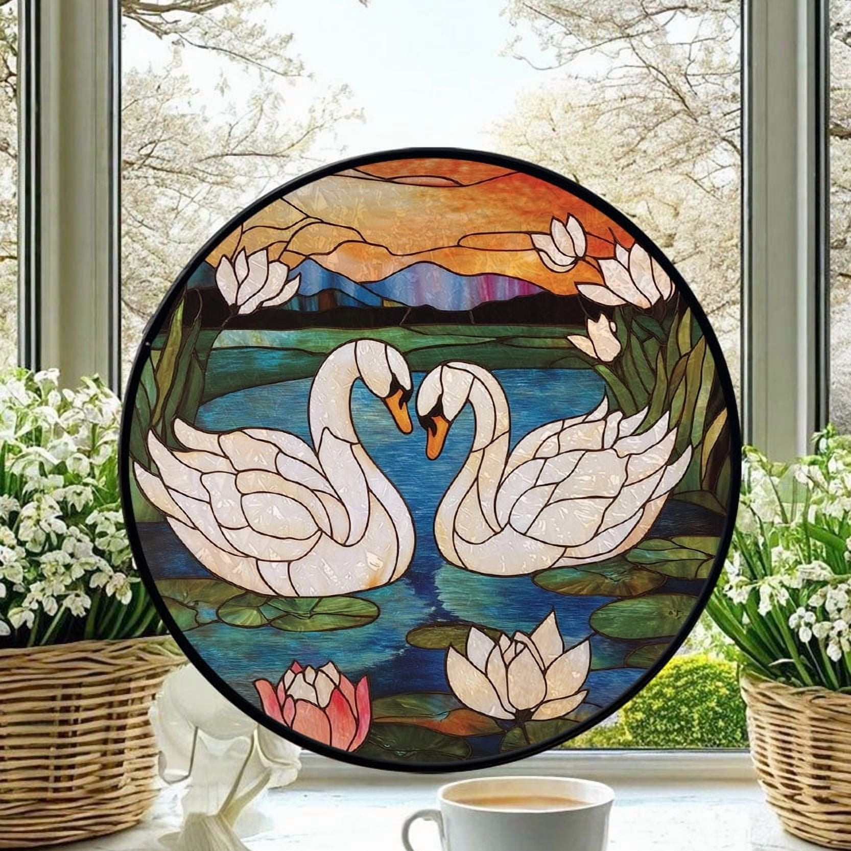 Stained Glass Window Hanging Swans - Stained Glass Window Hanging Swans, Festival Gift Ornament, Home Wall & Window Art, Brightens Any Space with Light