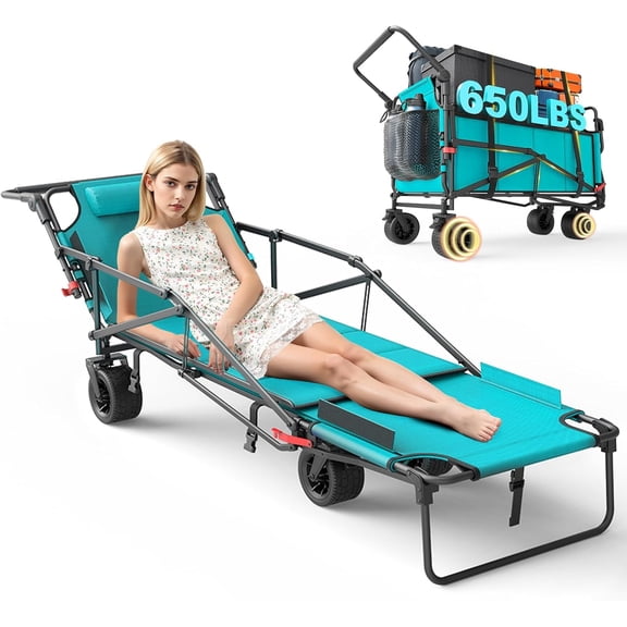 Heavy Duty Folding Wagon - 2-in-1 Collapsible Cart, 650lb Capacity, All-Terrain Wheels w/Brakes & Side Pockets