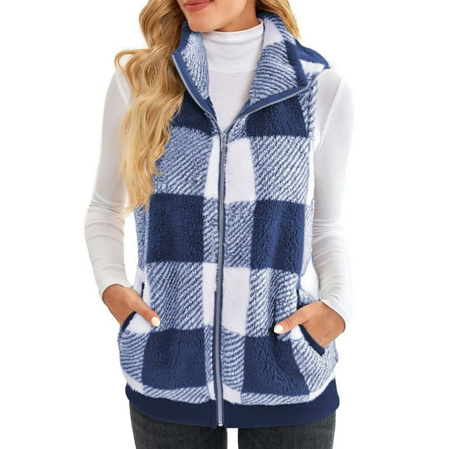 DPTALR Women's Plaid Print Patch Patchwork Cardigans Open Front Sleeveless Cardigan Plush Coat Tops