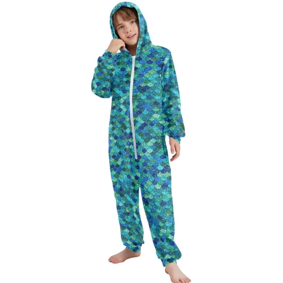 JOOGOO Shiny Dragon Scales Pattern Unisex Onesie Pajamas Jumpsuit Kids One-Piece Hooded Sleepwear 7-8T