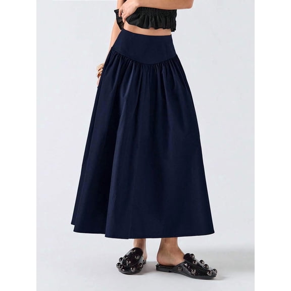 Navy Blue Flowing A-Line Midi Skirt For Women, Elastic Waist Casual Summer Skirt