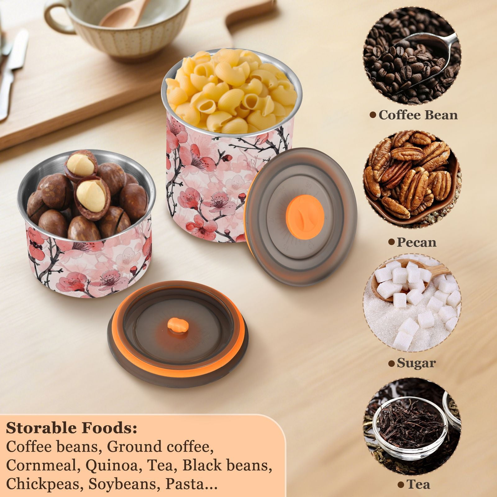 Red Cherry Blossom Floral Flowers Airtight Coffee Bean Canister 30oz Food Storage Containers with Lids For Gournd, Tea, Sugar, Flour, Rice, Cereal, Candy Cookie Jar