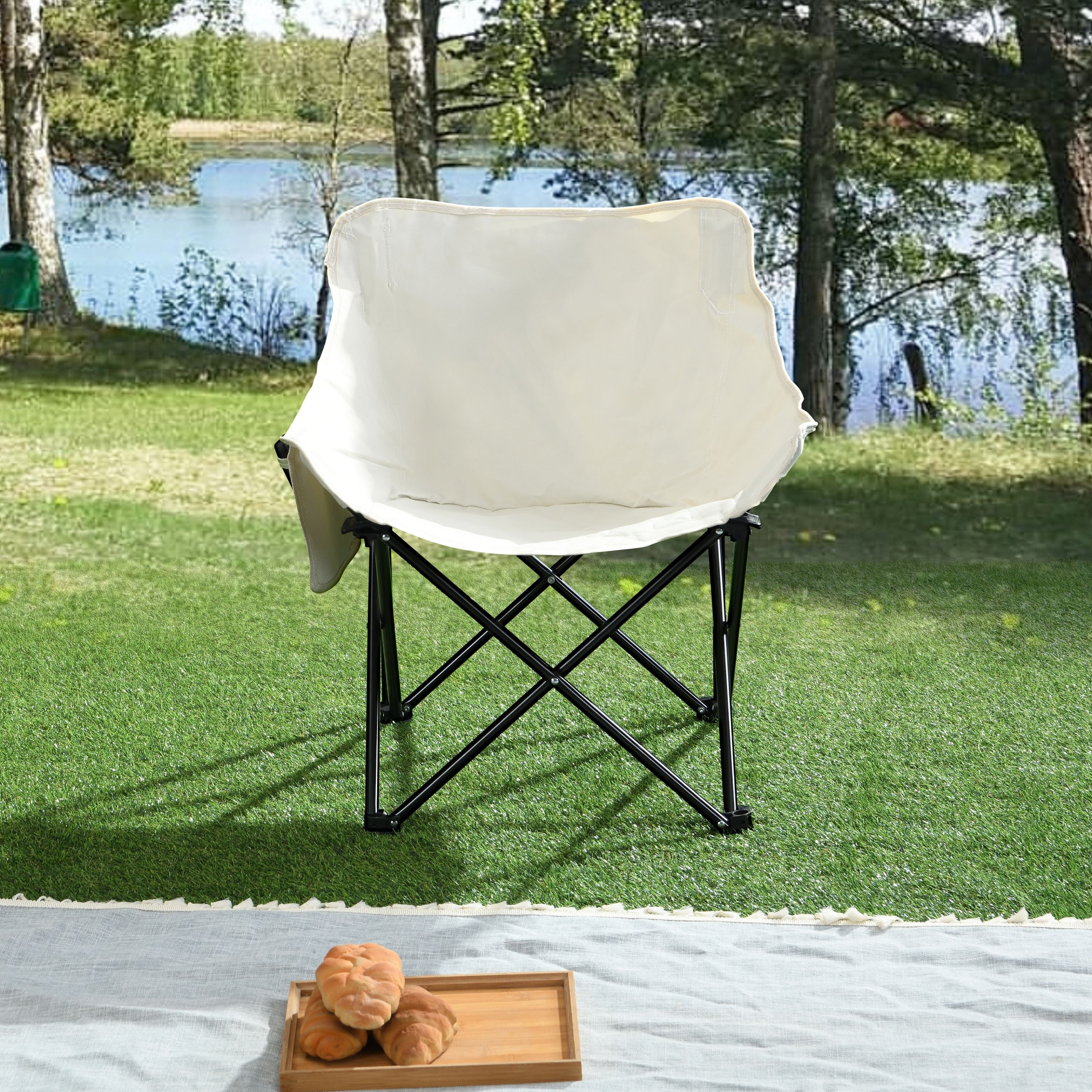 Mintazer 2-Pack Folding Camping Chairs, Collapsible Outdoor Chairs with Side Pocket, Portable Camp Chairs with Carry Bag for Camping Picnics, Beige