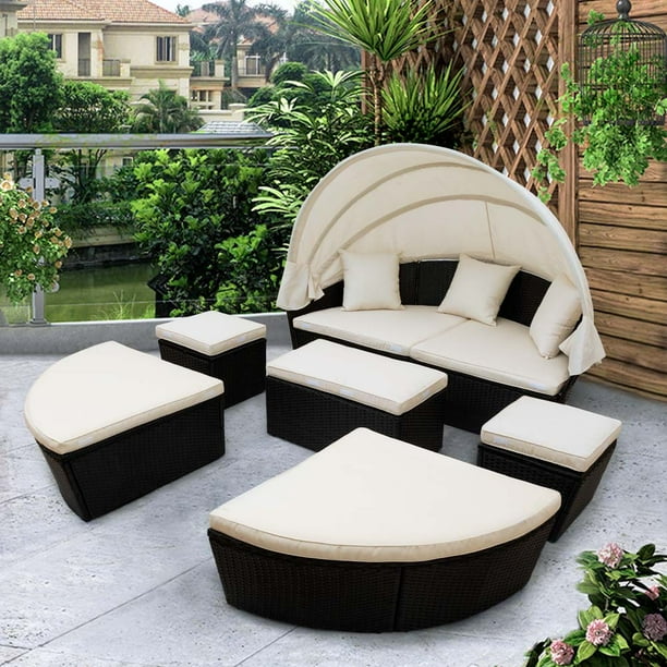 Yofe Outdoor Daybed Sofa Patio Furniture Round With Retractable Canopy Coffee Table Chairs Beige Cushions Black Wicker Rattan Sunbed Sectional For Backyard Porch D1380 Com Yofe Outdoor Daybed Sofa Patio, Outdoor Wicker Patio Daybed