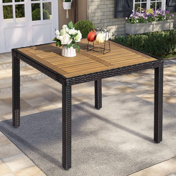 Nuu Garden Outdoor Patio Dining Table Square for 4, 35" Outdoor Tables with Acacia Wood Tabletop, All-Weather Table with PE Rattan-Wrapped Metal Frame for Lawn Garden Backyard, Black