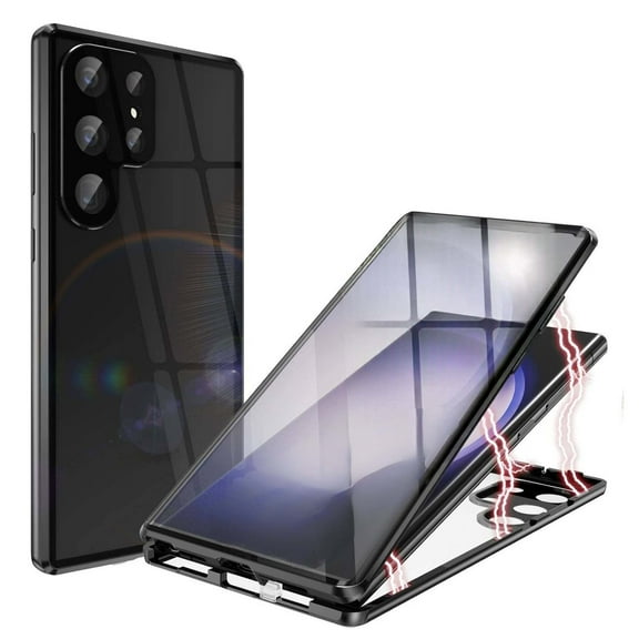 Magnetic Case for Samsung Galaxy S25 ,Magnetic Adsorption Shockproof Aluminum Bumper Double Sided Clear Tempered Glass with Lens Protector No Fingerprint Unlock Cover,Black
