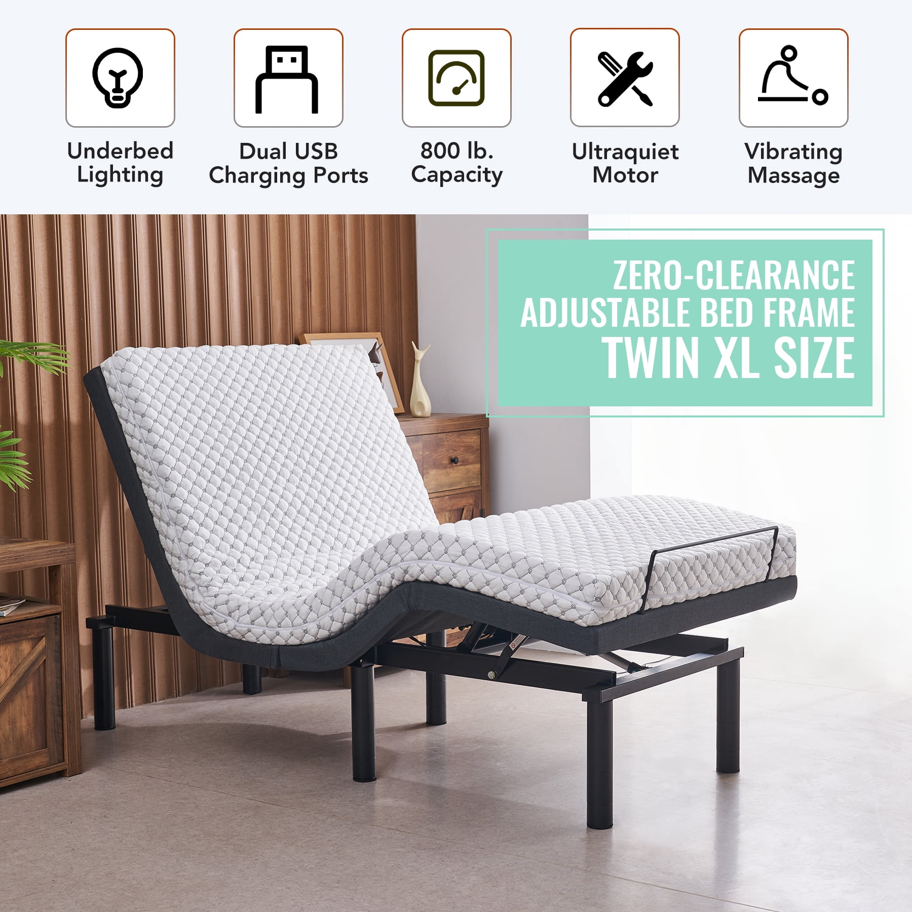Bestco Adjustable Bed Base, Zero Clearance Bed Frame with Wireless Remote, Electric Head and Foot Incline, Massage, and USB Port