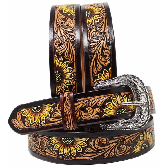32" Kids Youth 1-1/4" Western Full-Grain Sunflower Tooled Leather Belt 26FK09C