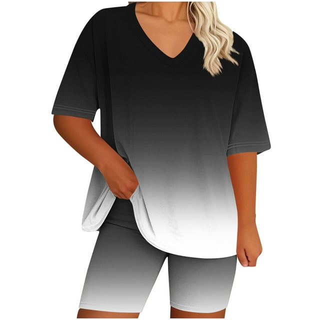 Womens Pajamas Two Piece Plus Size Lounge Sets Gradient Oversized Tshirt Slim Shorts Sleepwear Pjs Weekend Black, 5XL