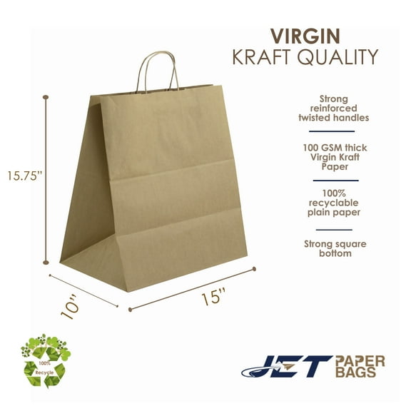 Jet Paper Bags 25 Pcs Brown Virgin Kraft Paper Gift Bags, 15" x 10" x 15.75"H - EDEN