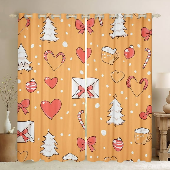 Manfei Cartoon Love Heart Black Out Curtains, Princess Bowknot Curtains Pack of 2 (42x63 Each), Orange Christmas Theme Bedroom Curtains, Window Curtains Bedroom Decor