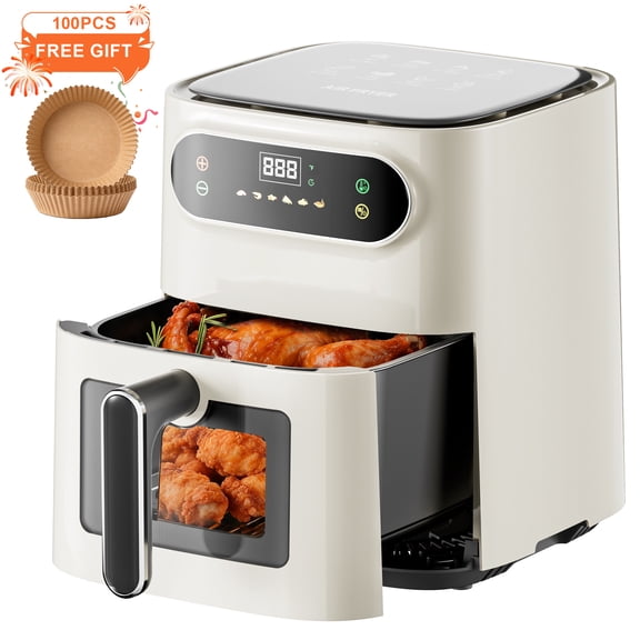 Hicloud 7.5QT Air Fryer, 1600W Multifunction Airfryer with Visible Window, Adjustable Time&Temperature, Nonstick, 85% Less Oil, 100Pcs Liner