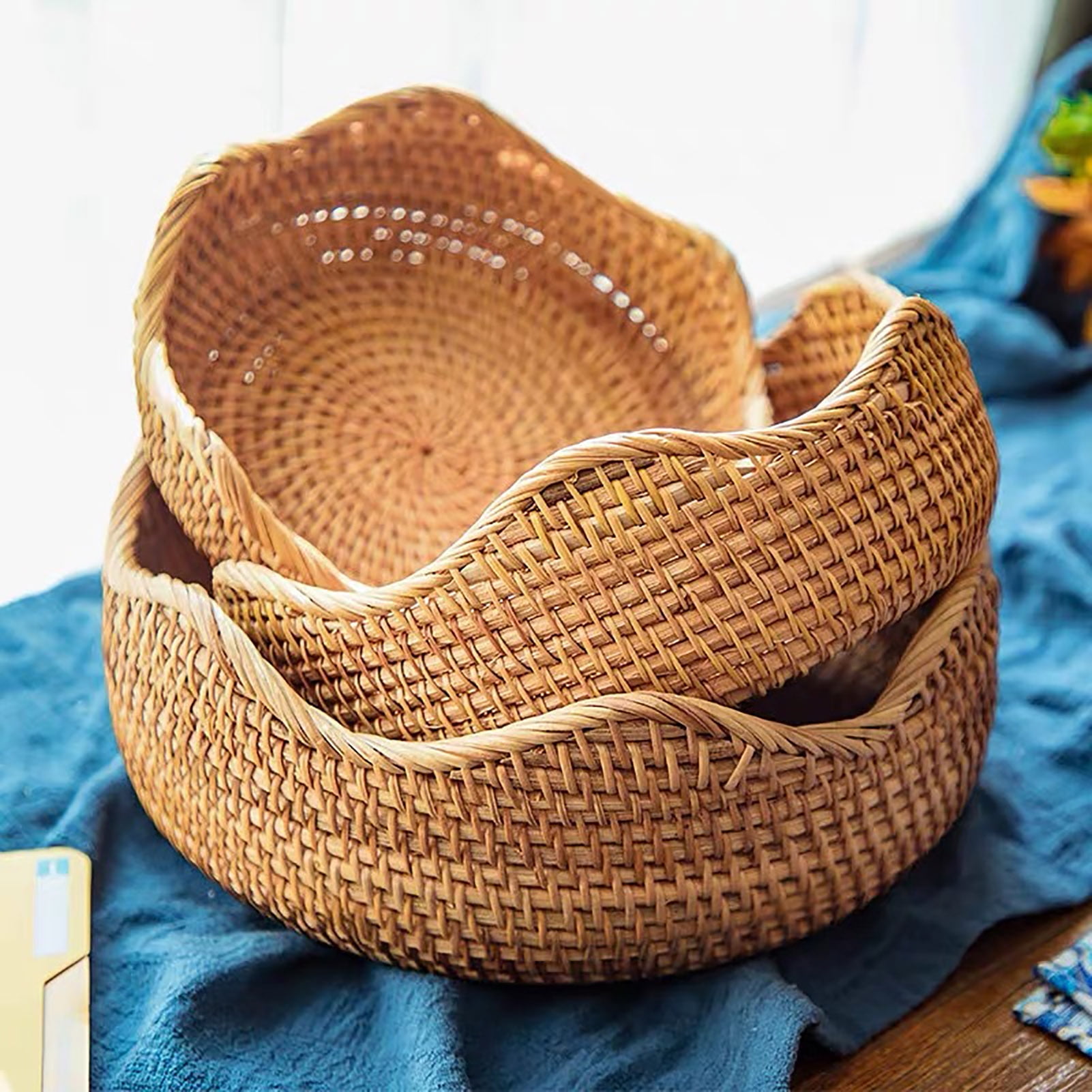 Details about   Round Snack Basket Rattan Woven Home Fruit and Vegetable Storage Basket Kitchen