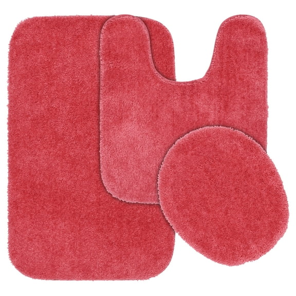 Garland Rug Traditional Washable Bath Rug Set, 3 Piece Set (21"x34" Bath Rug, Contour Rug, & Toilet Lid) Pink Hibiscus