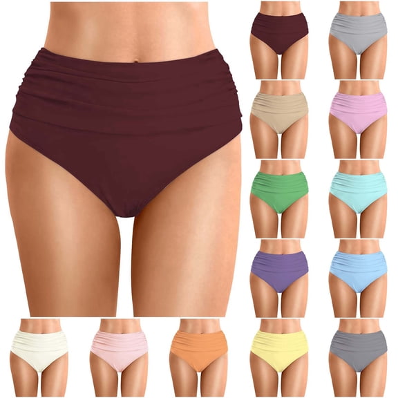 LINGLANG Women's High Waisted Bikini Bottoms Tummy Control Ruched Swimsuit Briefs Solid Color Double Layered Beach Bathing Suit Bottom for Swimming