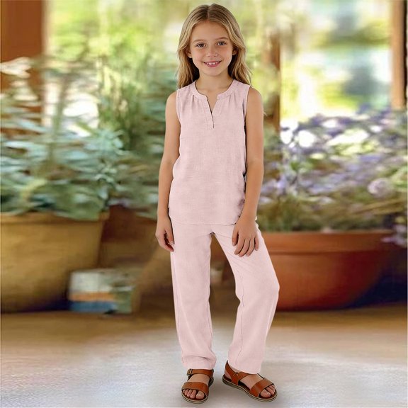 GiLiling Girls Linen 2 Piece Outfit Sleeveless V-Neck Top and Loose High Waisted Summer Pants Set (Pink, 13-14 Years)