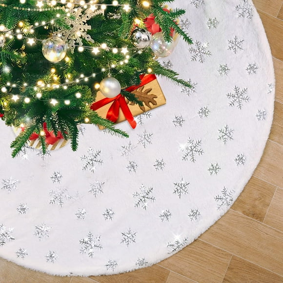 Falda para árbol de Navidad QueenDream, piel sintética blanca, 90 cm