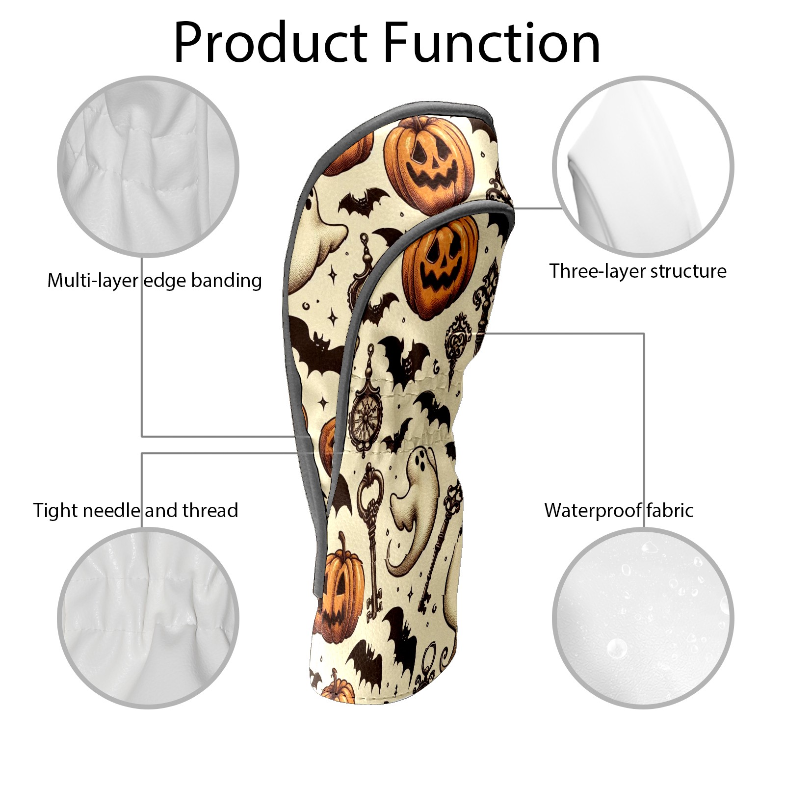 Golf Club Head Covers LightBrown Pumpkin Ghost Key for Driver and Fairway Woods, Premium PU Leather, Waterproof, Velvet Lining, Unisex Golf Gift