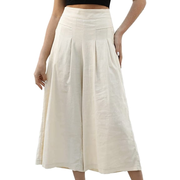 Women's Wide Leg Pants Cotton Elastic Waist Wide Leg Capris Pocket Casual Loose Stretch Dress Casual Flowy Palazzo Pants Women