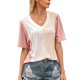 thumbnail image 4 of Guardurnaity Mujeres Camiseta Manga Corta Cuello V Color Bloque Empalme Verano Suelto Casual Top Prendas para la parte del cuerpo Rosado S Guardurnaity AP001239-05, 4 of 6
