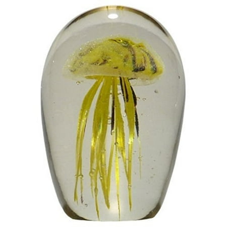 Hand Blown Glass Paperweight - Hand blown glass - Jellyfish Paperweight , Glow in the Dark Glass with Multi-color Light Base Yellow-Purple