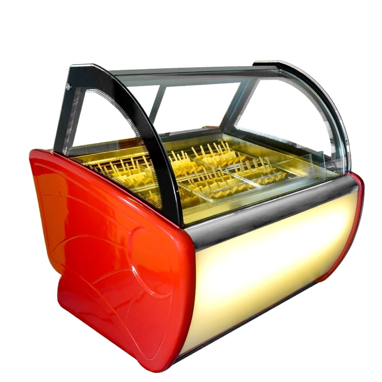 Kolice Commercial 12 Pans Gelato Showcase Display Freezer Hard Ice Cream Freezer Showcase-Red Color, Cool Air Convection Design,Auto Defrost, Anti-Fog Glass