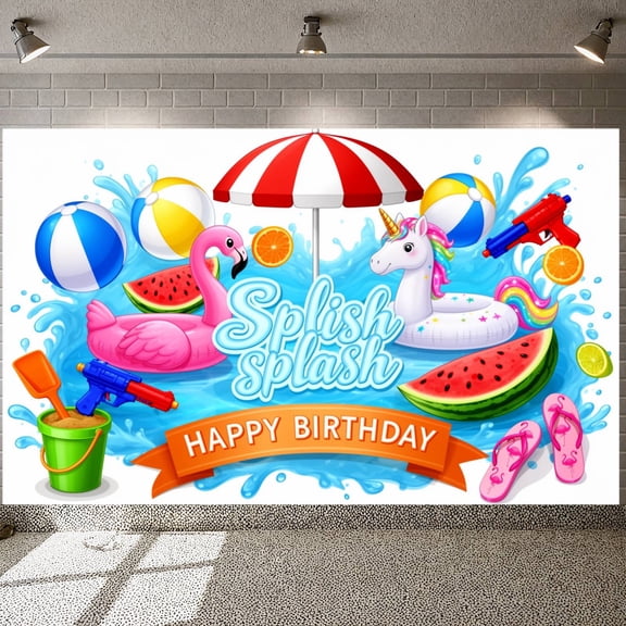 Colorful Flamingo Splish Splash Birthday Banner Unicorn Pattern Water Party Backdrop for Kids Pool Parties Outdoor Summer Events Backyard Splash Gatherings